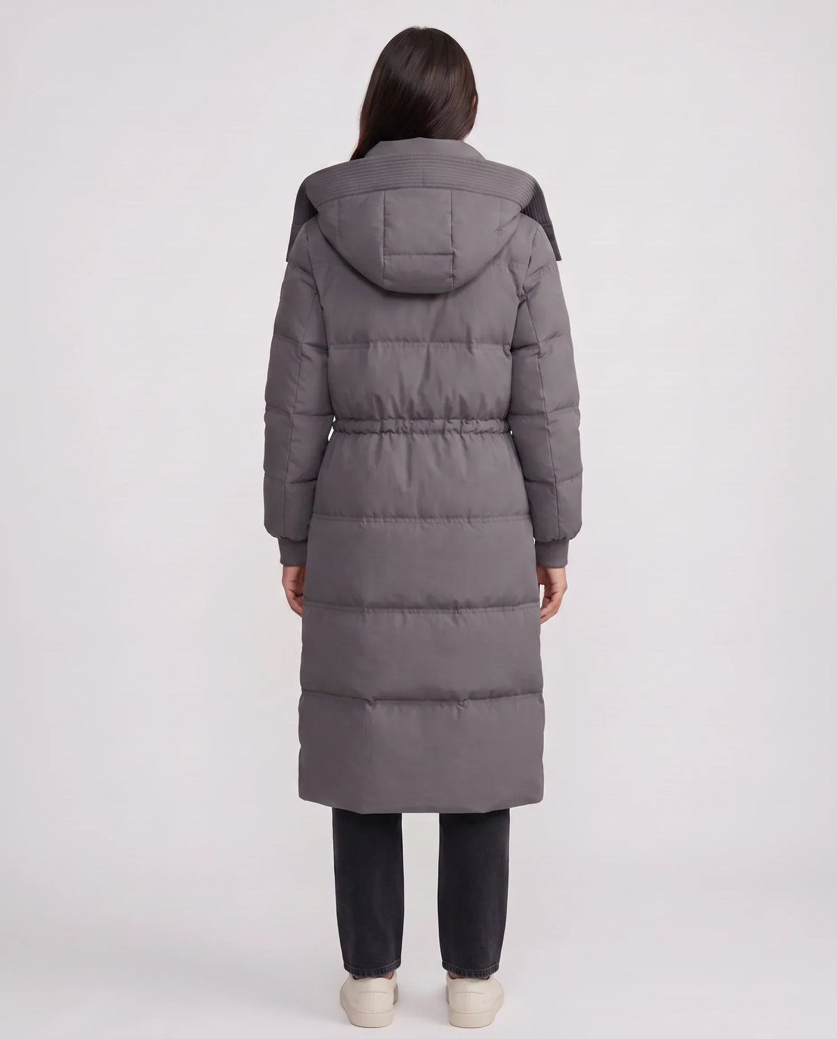Long Hooded Puffer Jacket with Drawcord Waist