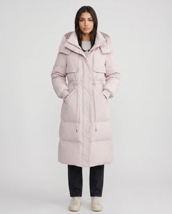 Long Hooded Puffer Jacket with Drawcord Waist