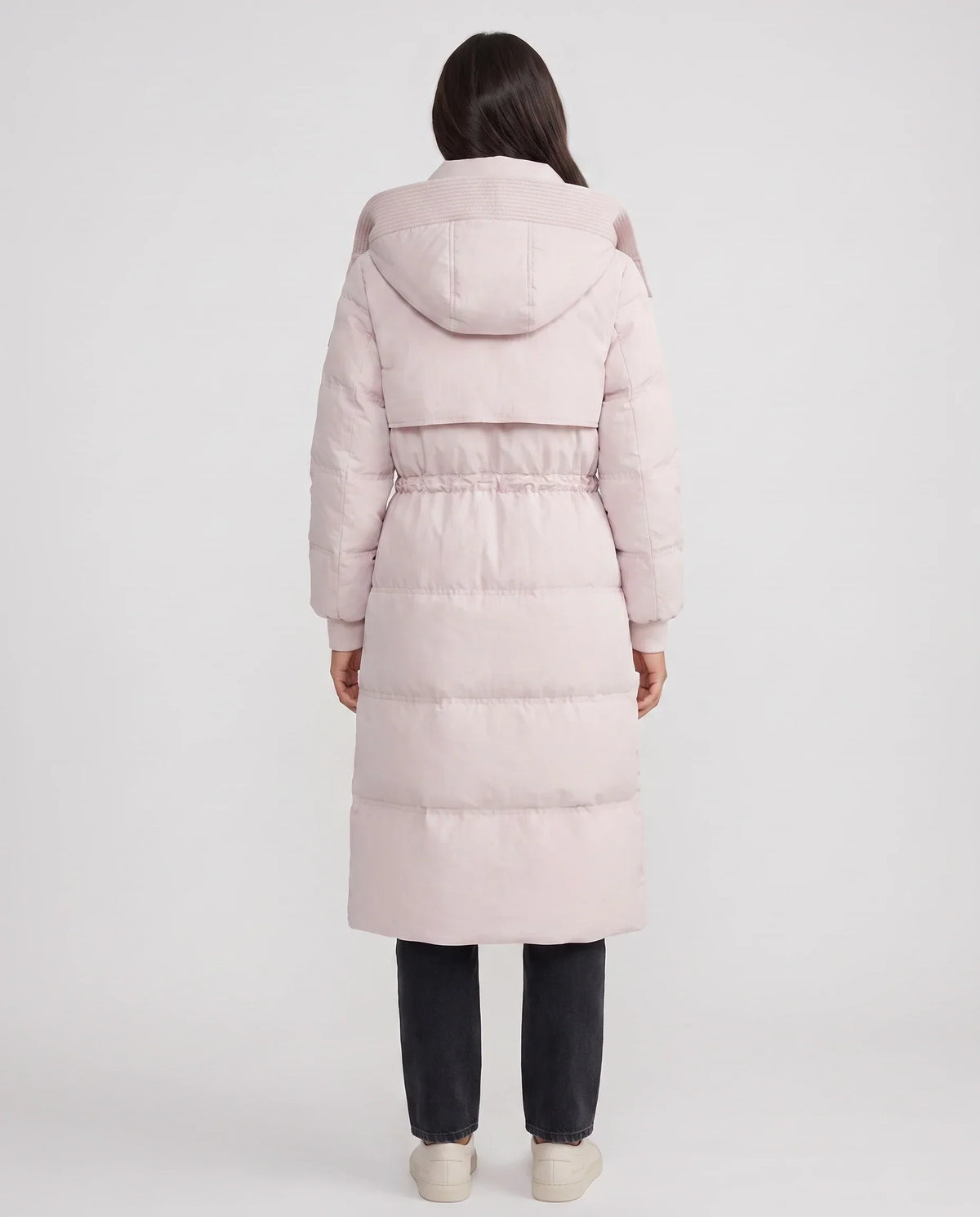 Long Hooded Puffer Jacket with Drawcord Waist