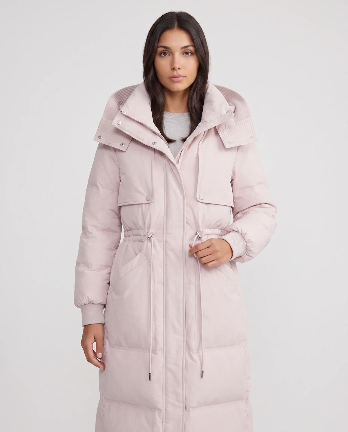 Long Hooded Puffer Jacket with Drawcord Waist