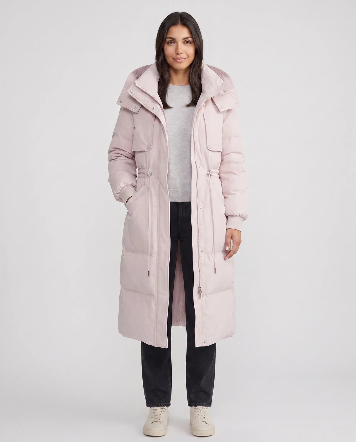 Long Hooded Puffer Jacket with Drawcord Waist