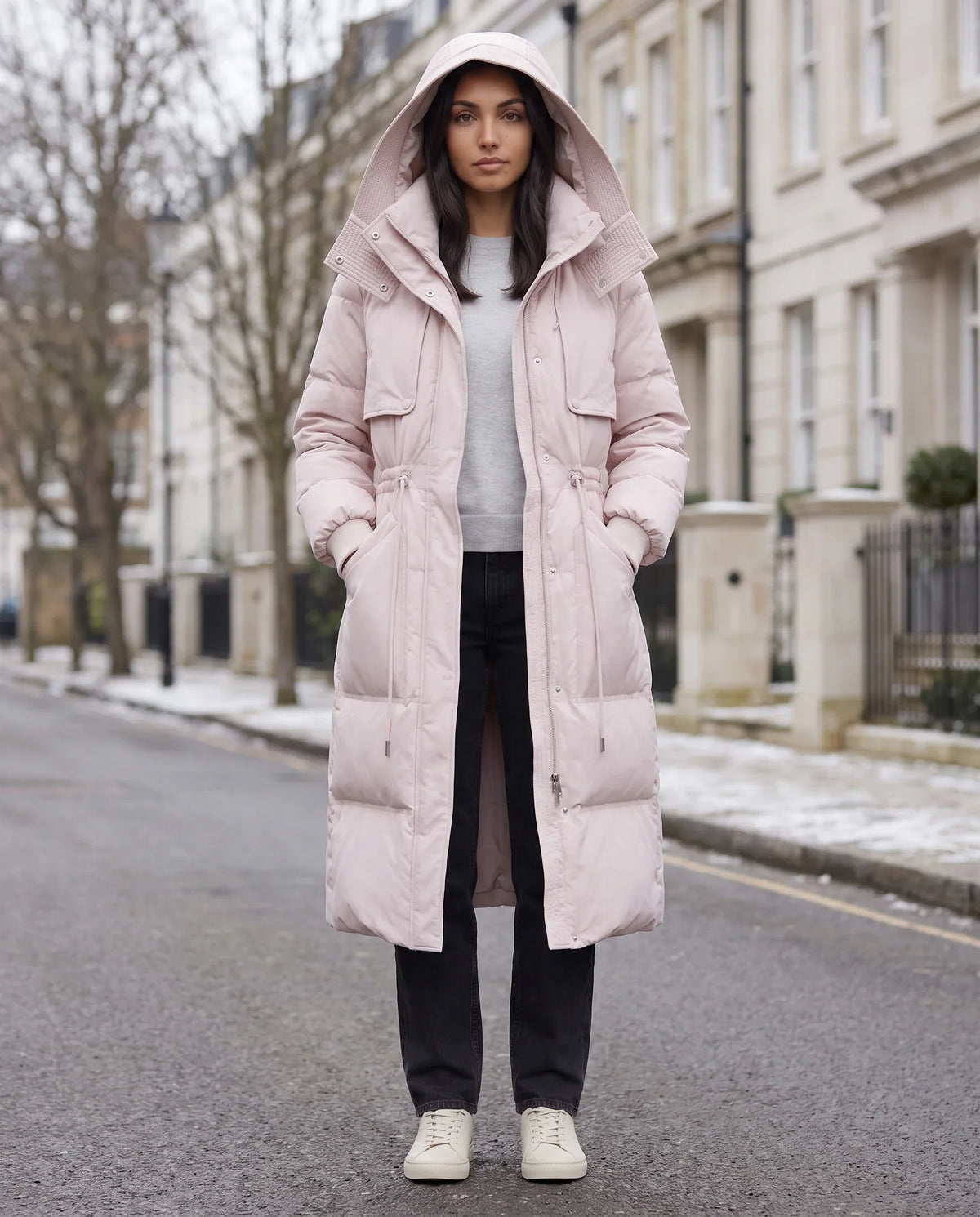 Long Hooded Puffer Jacket with Drawcord Waist