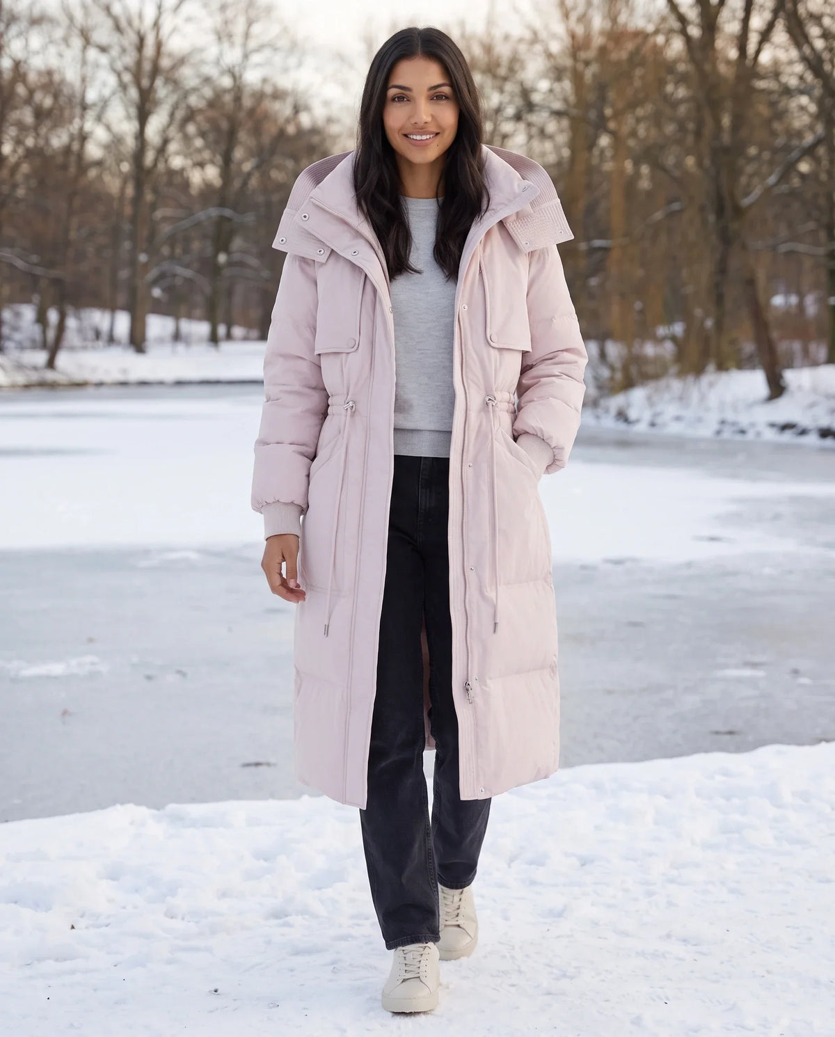 Long Hooded Puffer Jacket with Drawcord Waist