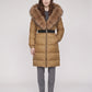 Long Belted Puffer Jacket with Large Faux Fur Hood