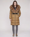 Long Belted Puffer Jacket with Large Faux Fur Hood