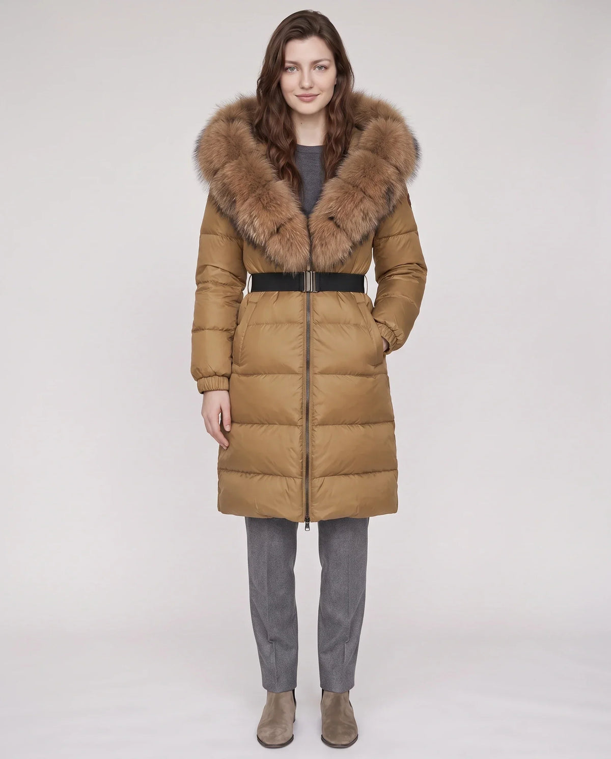 Long Belted Puffer Jacket with Large Faux Fur Hood