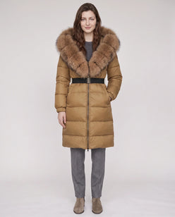 Long Belted Puffer Jacket with Large Faux Fur Hood