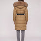Long Belted Puffer Jacket with Large Faux Fur Hood