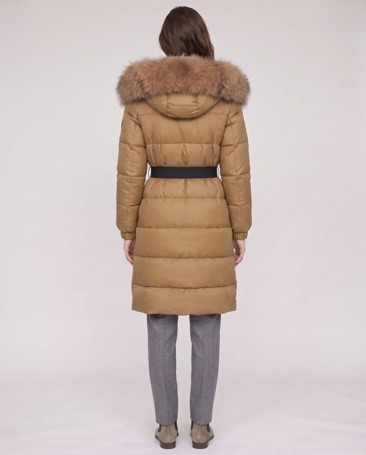 Long Belted Puffer Jacket with Large Faux Fur Hood