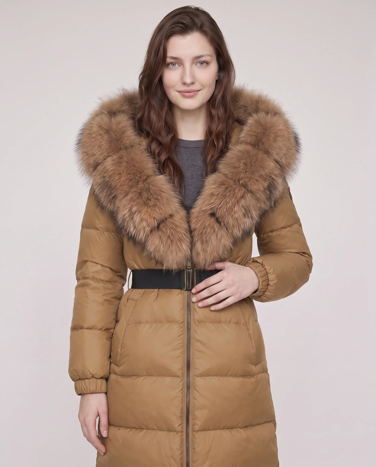 Long Belted Puffer Jacket with Large Faux Fur Hood