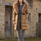 Long Belted Puffer Jacket with Large Faux Fur Hood