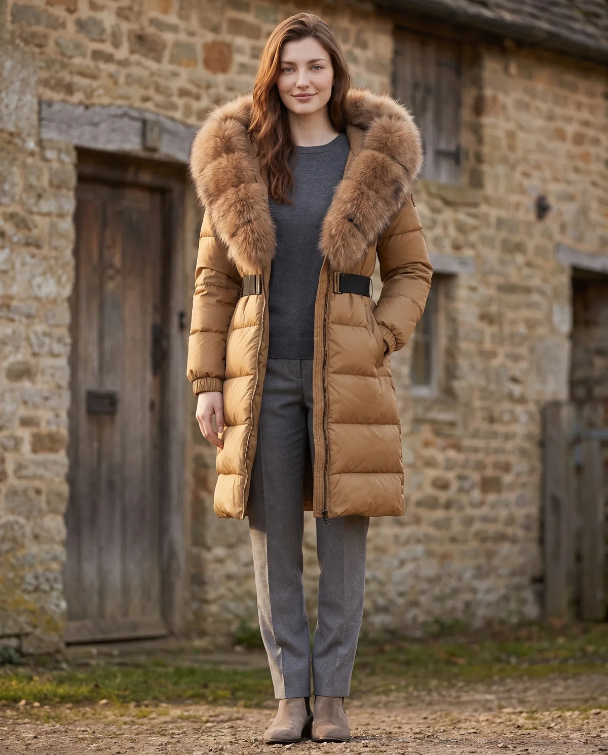 Long Belted Puffer Jacket with Large Faux Fur Hood