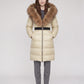 Long Belted Puffer Jacket with Large Faux Fur Hood