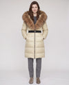 Long Belted Puffer Jacket with Large Faux Fur Hood