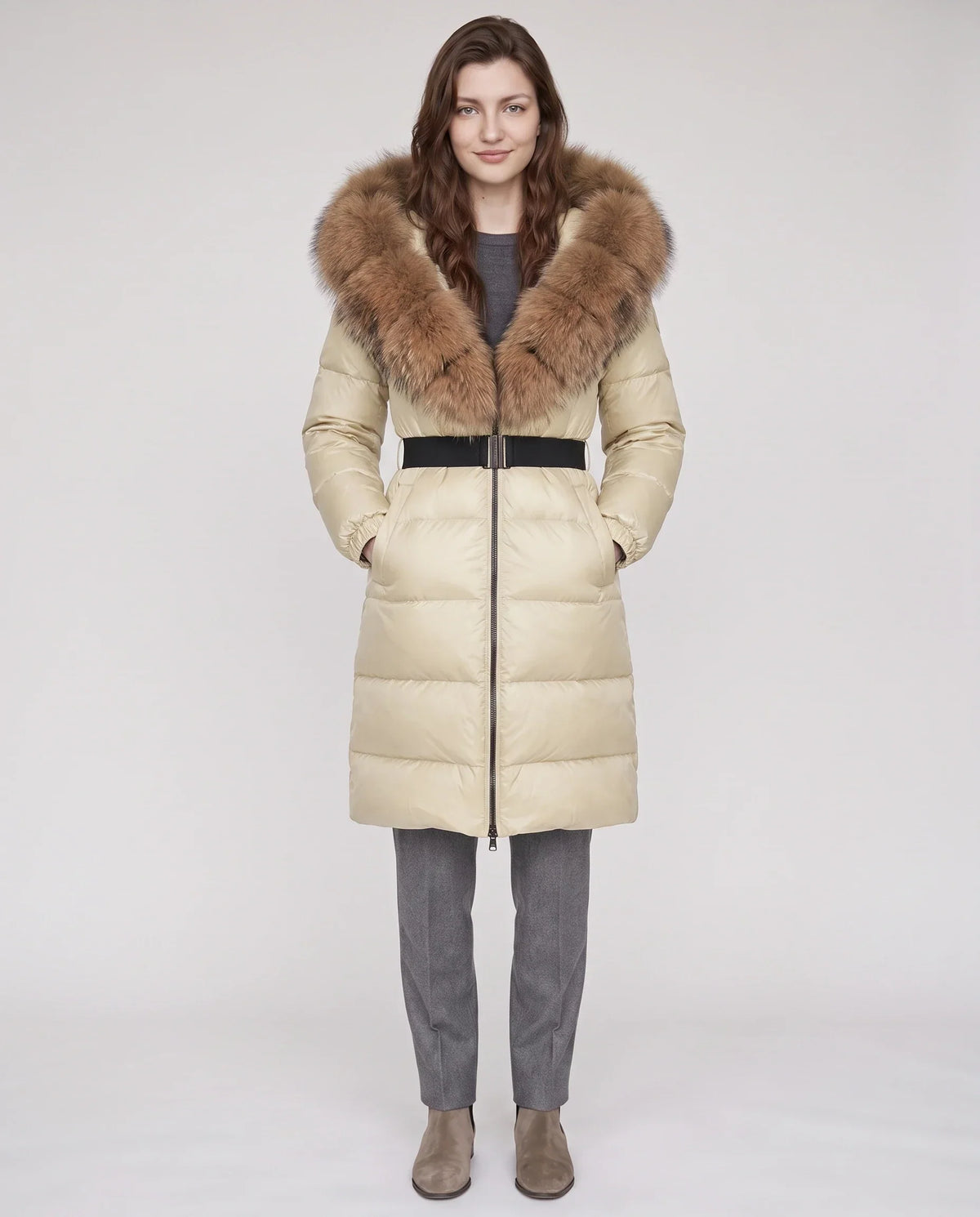 Long Belted Puffer Jacket with Large Faux Fur Hood