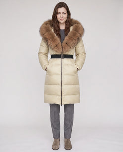 Long Belted Puffer Jacket with Large Faux Fur Hood