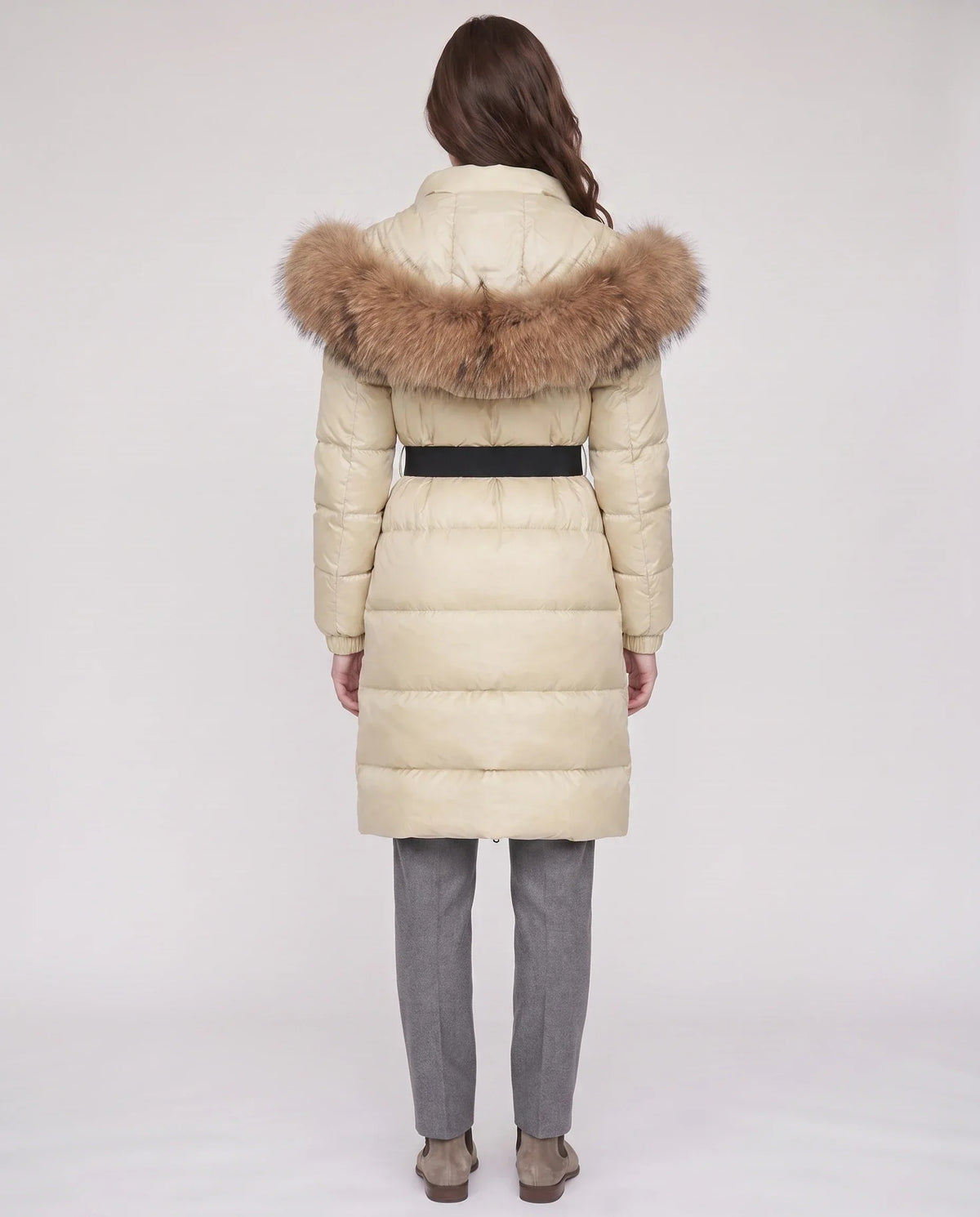 Long Belted Puffer Jacket with Large Faux Fur Hood