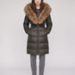 Long Belted Puffer Jacket with Large Faux Fur Hood