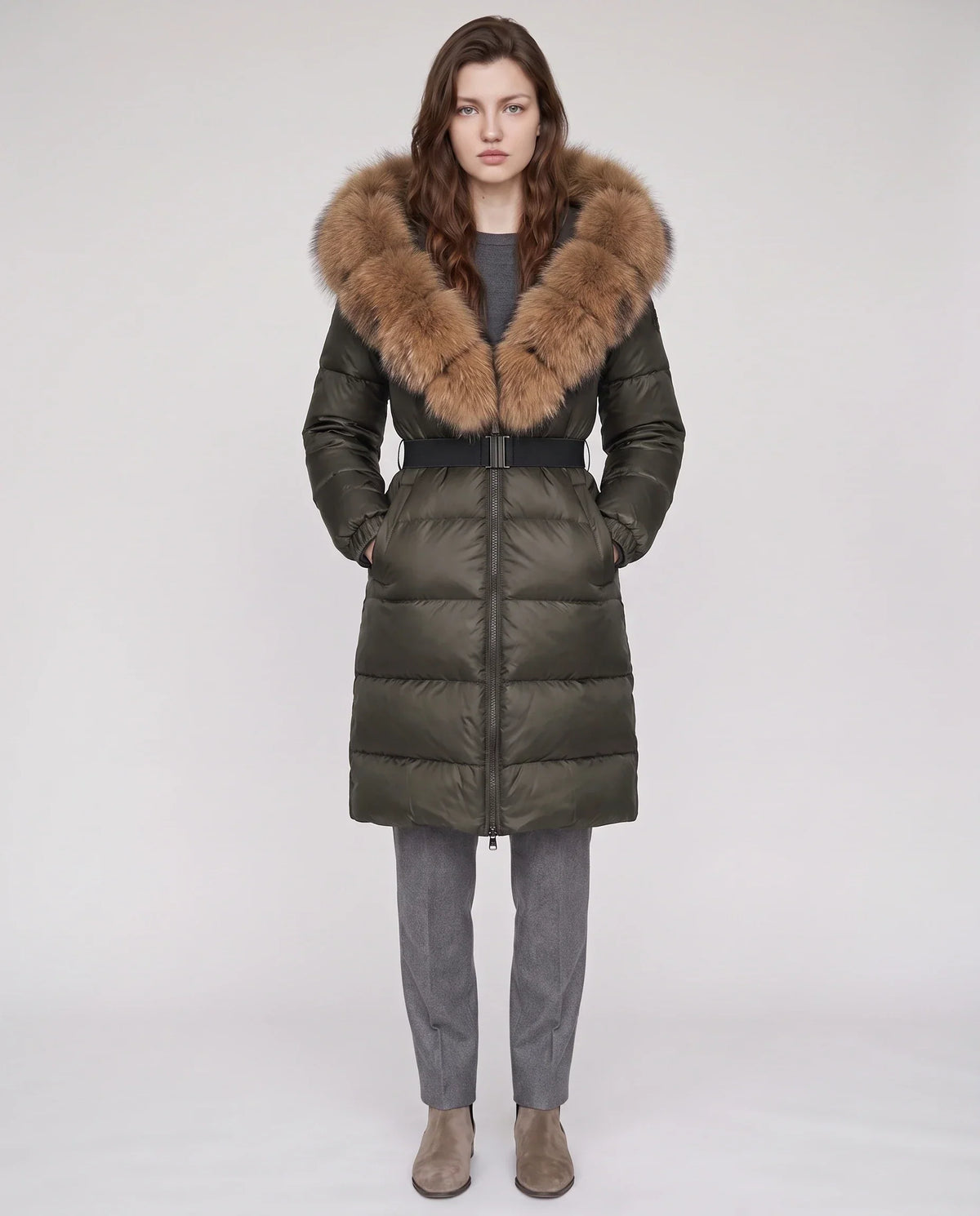Long Belted Puffer Jacket with Large Faux Fur Hood