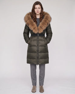Long Belted Puffer Jacket with Large Faux Fur Hood