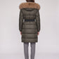 Long Belted Puffer Jacket with Large Faux Fur Hood