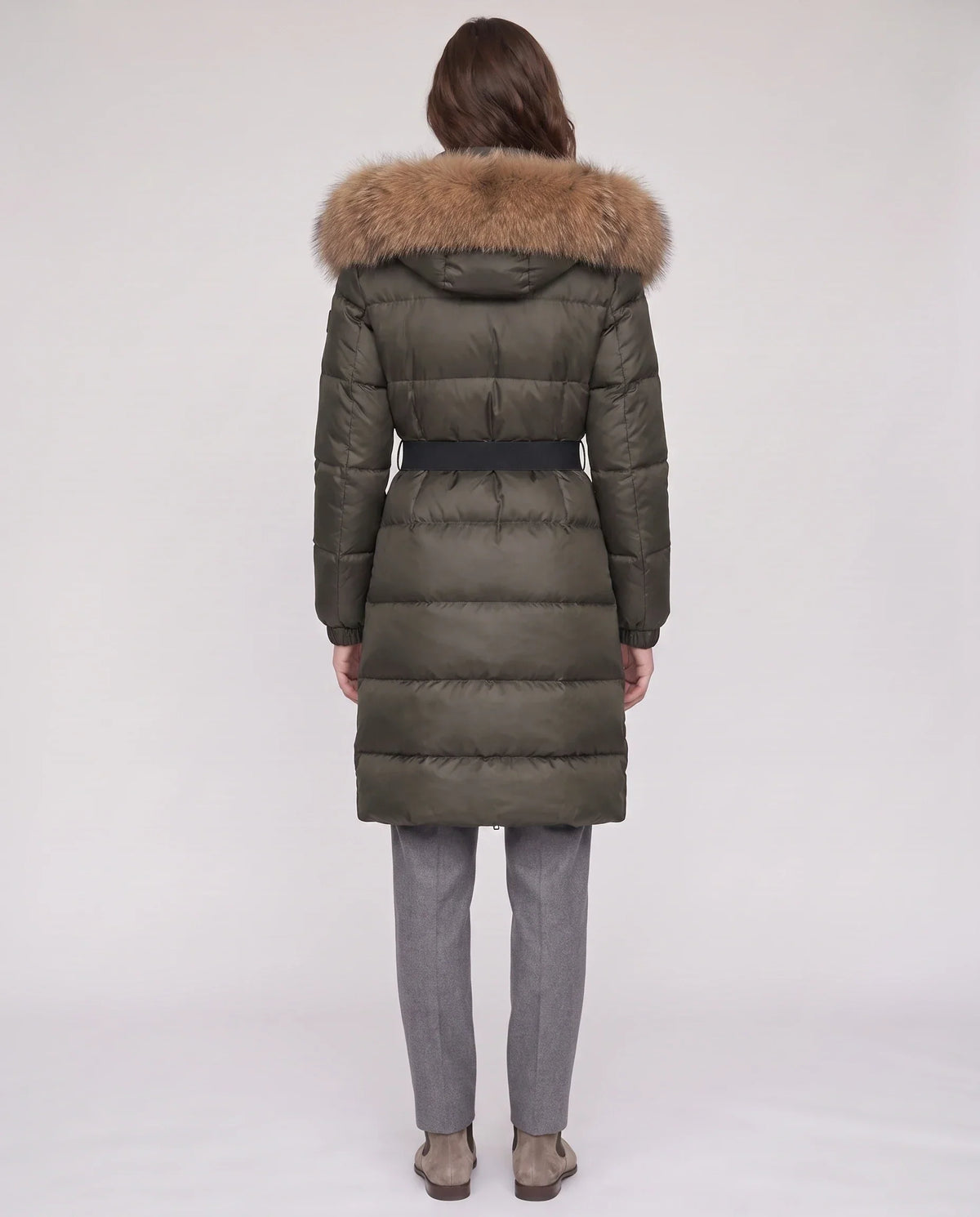Long Belted Puffer Jacket with Large Faux Fur Hood