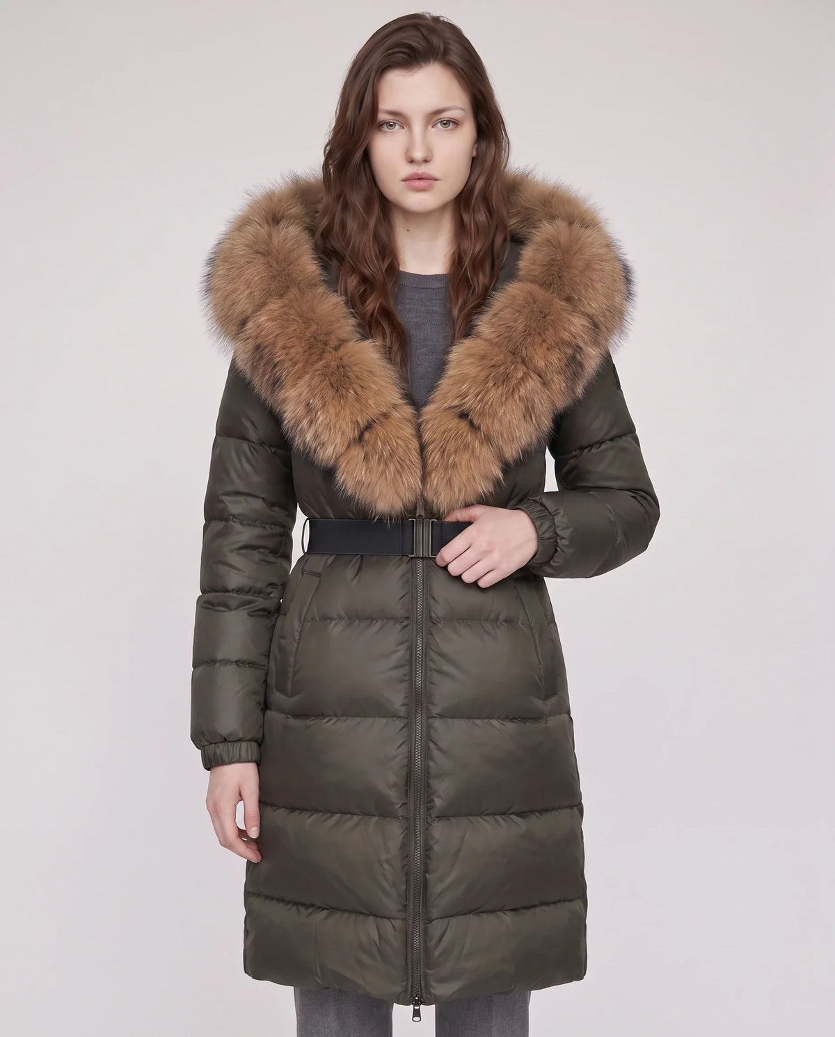 Long Belted Puffer Jacket with Large Faux Fur Hood