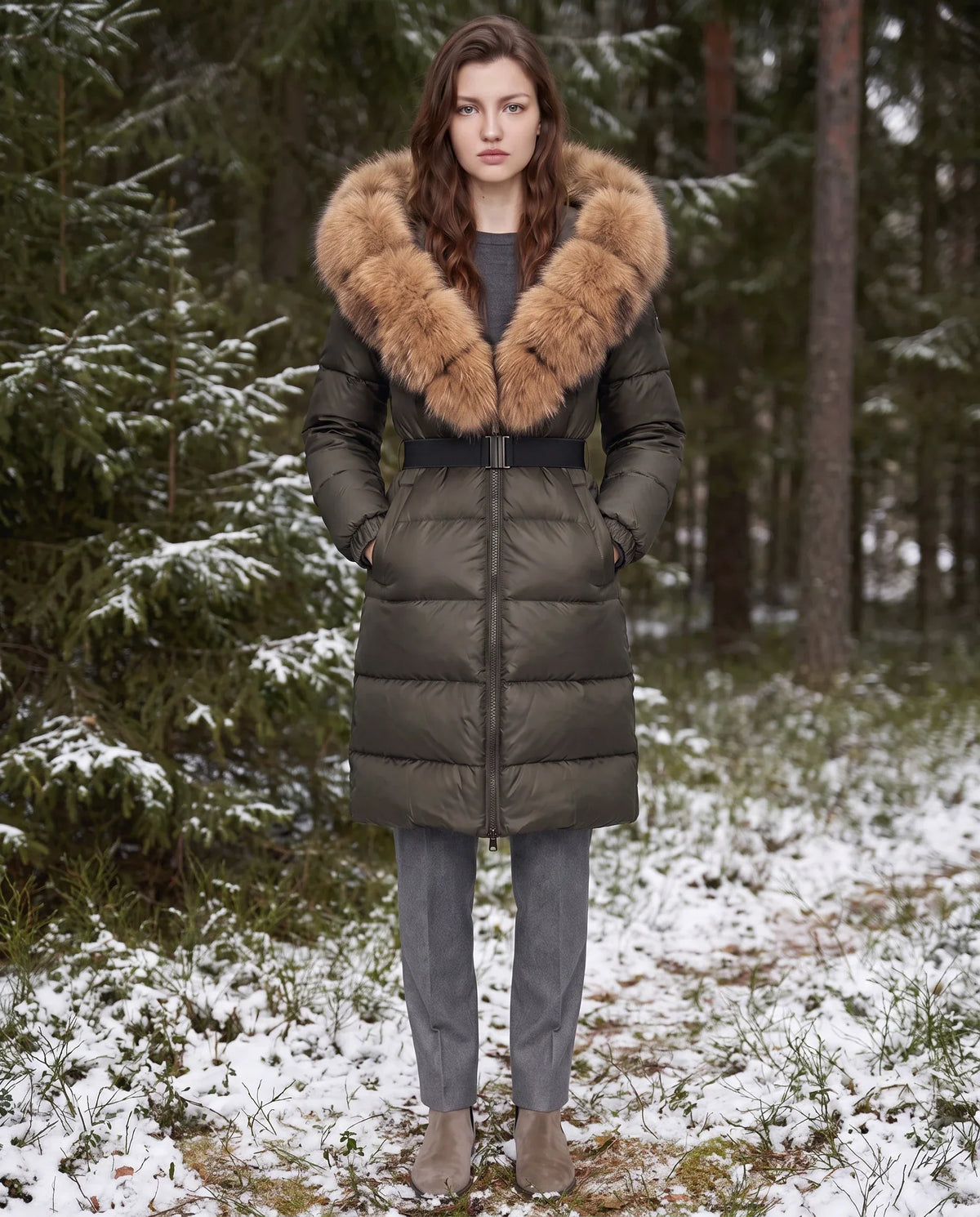Long Belted Puffer Jacket with Large Faux Fur Hood