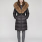 Long Belted Puffer Jacket with Large Faux Fur Hood