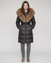 Long Belted Puffer Jacket with Large Faux Fur Hood