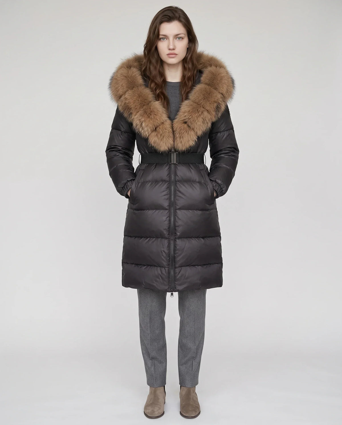 Long Belted Puffer Jacket with Large Faux Fur Hood