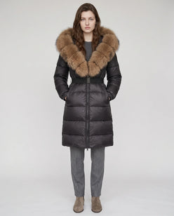 Long Belted Puffer Jacket with Large Faux Fur Hood