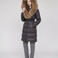 Long Belted Puffer Jacket with Large Faux Fur Hood