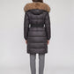 Long Belted Puffer Jacket with Large Faux Fur Hood