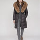 Long Belted Puffer Jacket with Large Faux Fur Hood