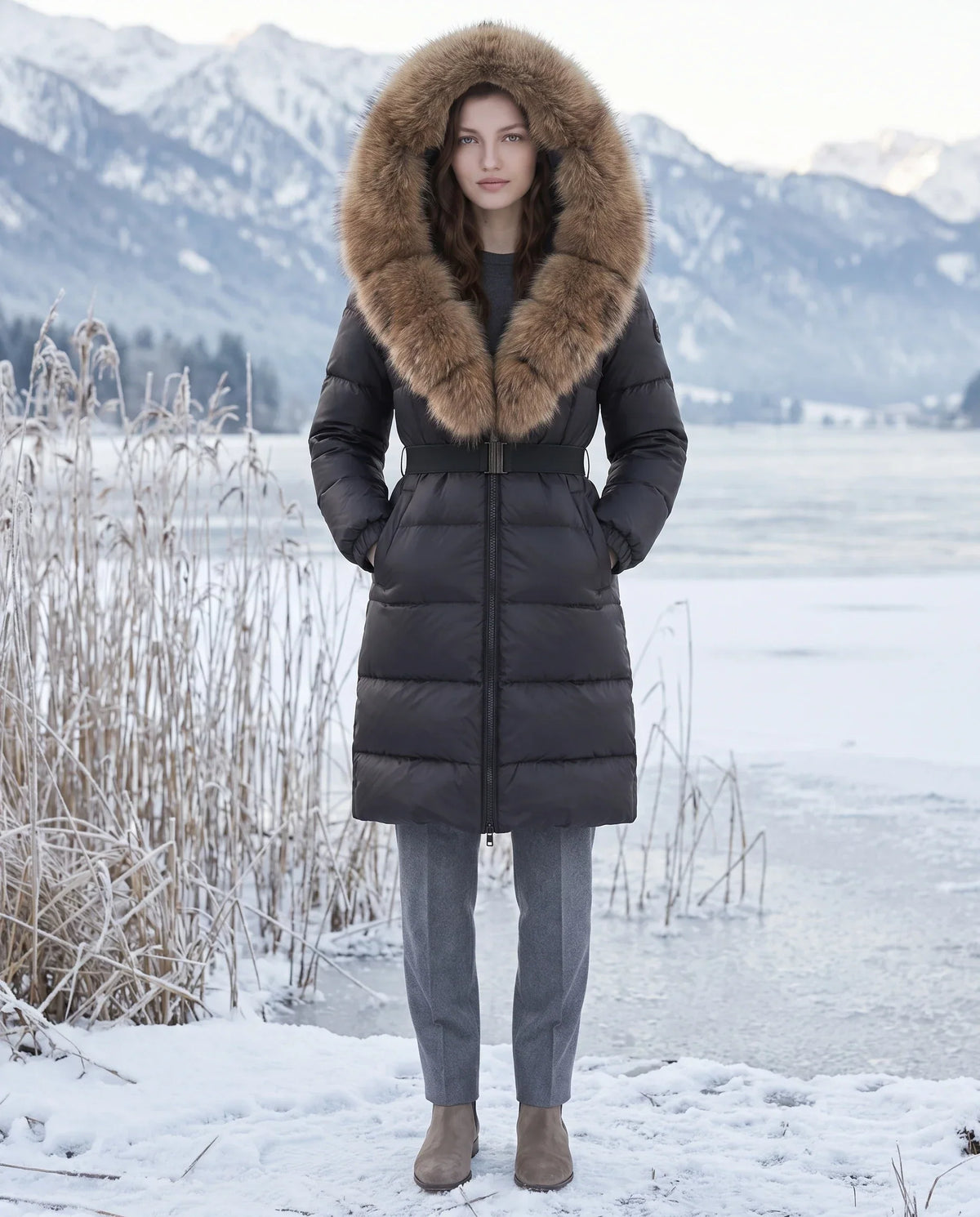 Long Belted Puffer Jacket with Large Faux Fur Hood