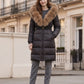 Long Belted Puffer Jacket with Large Faux Fur Hood