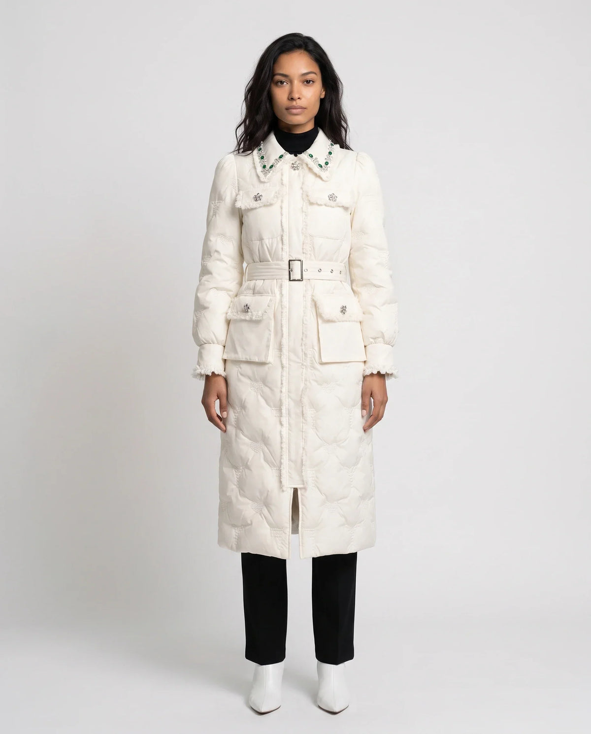 Long Belted Puffer Jacket with Jewelled Collar