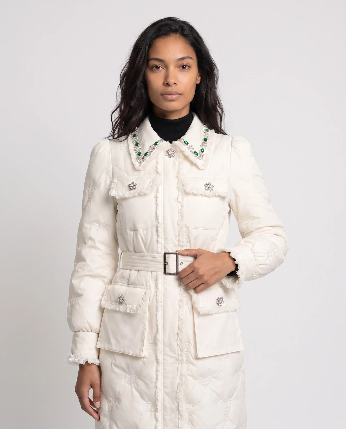 Long Belted Puffer Jacket with Jewelled Collar