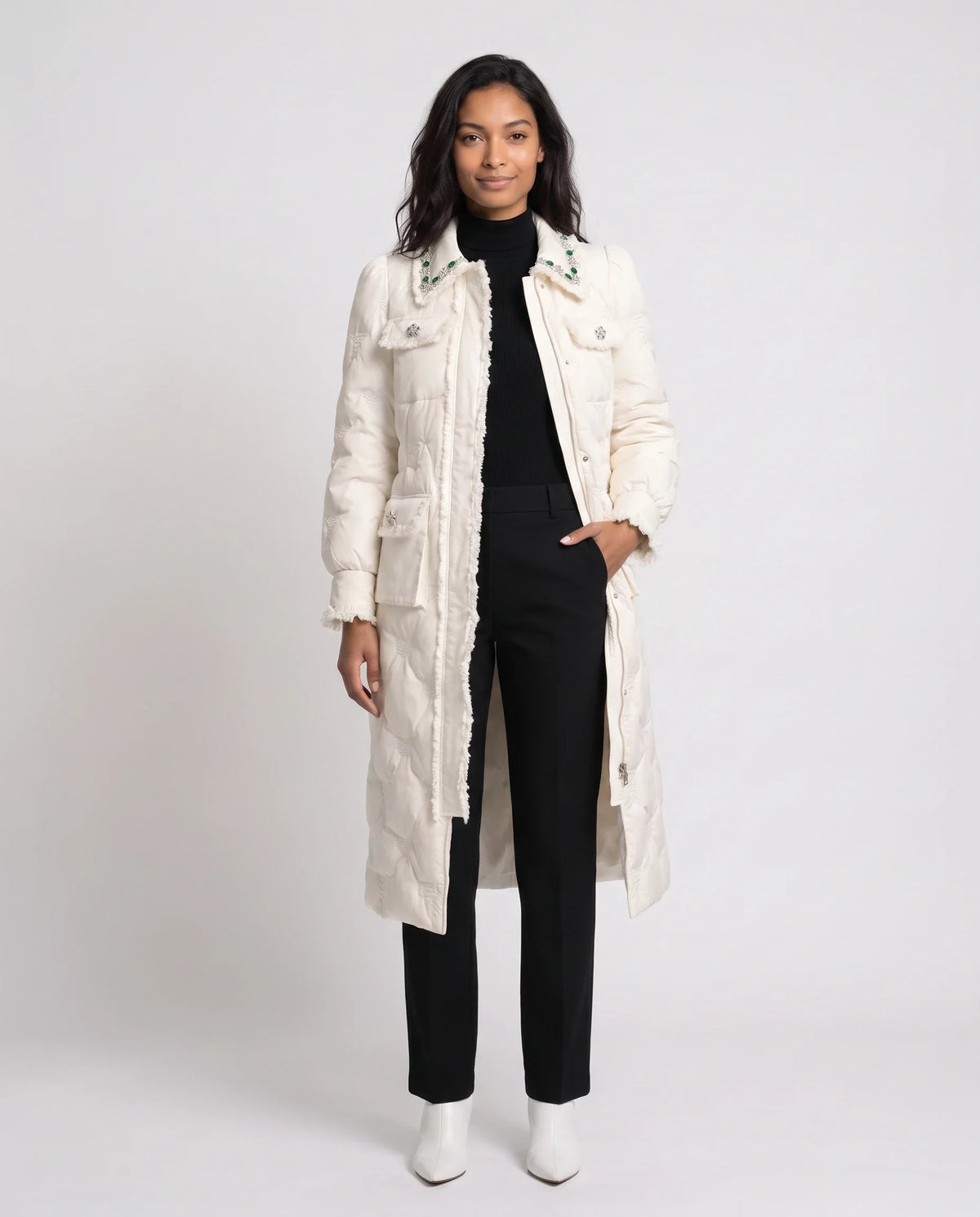 Long Belted Puffer Jacket with Jewelled Collar