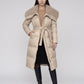 Long Belted Puffer Jacket with Faux Fur Collar