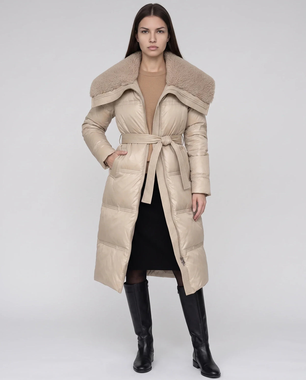 Long Belted Puffer Jacket with Faux Fur Collar