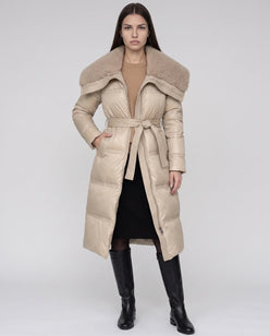 Long Belted Puffer Jacket with Faux Fur Collar