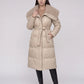 Long Belted Puffer Jacket with Faux Fur Collar