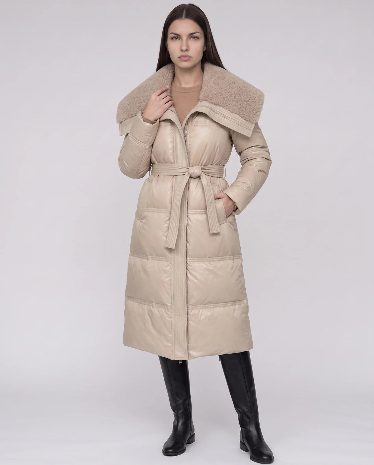 Long Belted Puffer Jacket with Faux Fur Collar