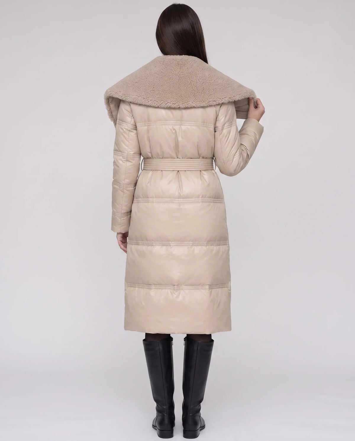 Long Belted Puffer Jacket with Faux Fur Collar