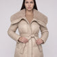 Long Belted Puffer Jacket with Faux Fur Collar