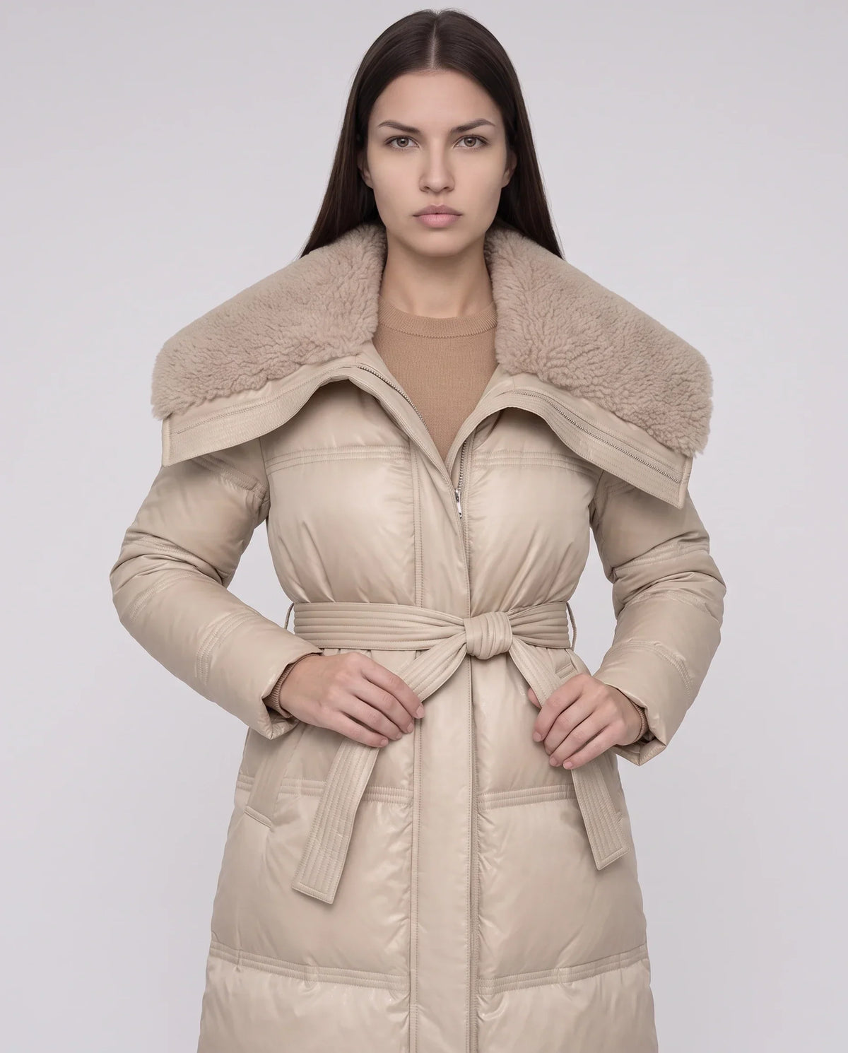 Long Belted Puffer Jacket with Faux Fur Collar