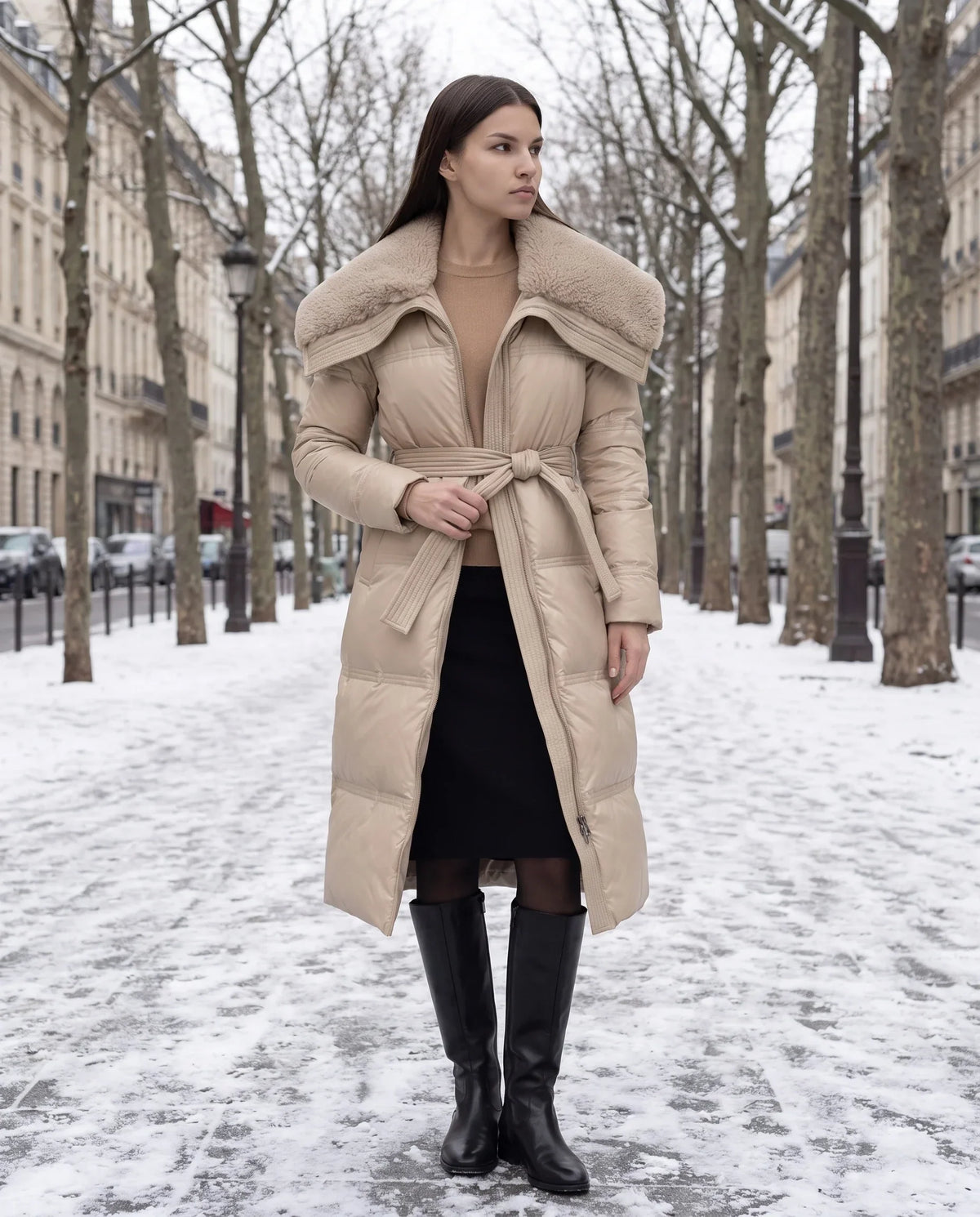 Long Belted Puffer Jacket with Faux Fur Collar