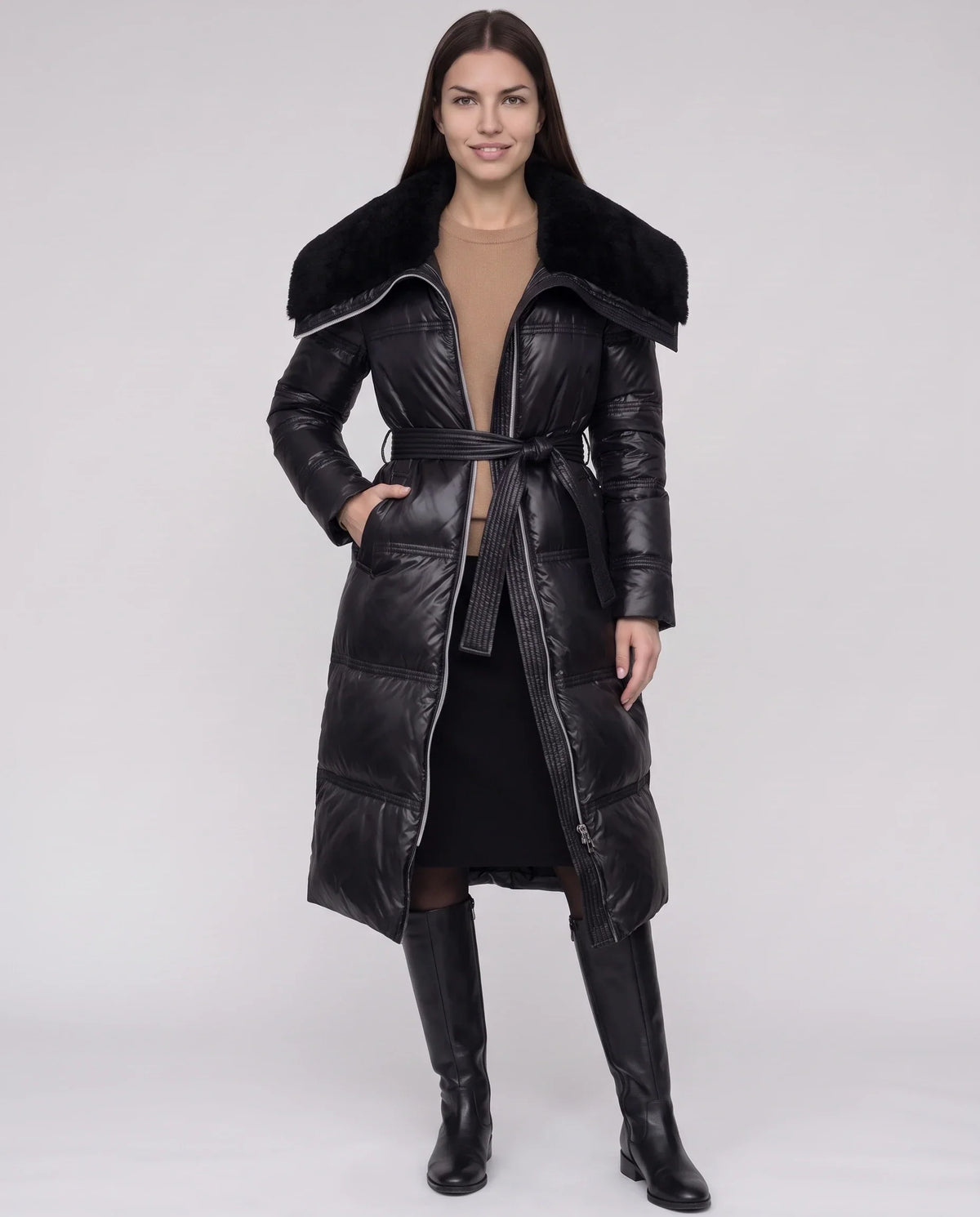 Long Belted Puffer Jacket with Faux Fur Collar
